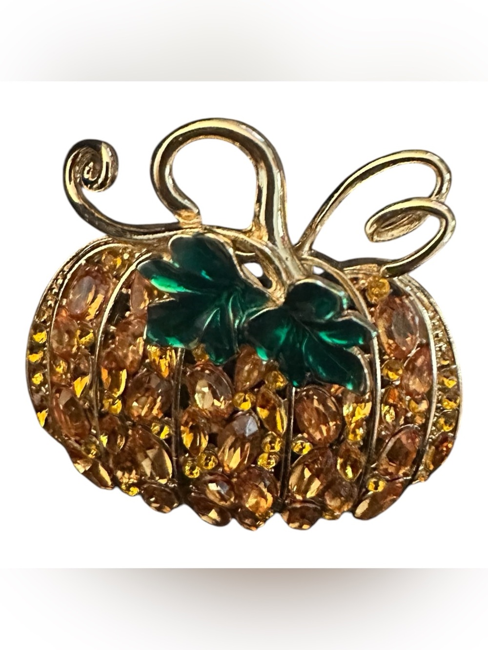 Charter Club Pumpkin Pin Brooch Orange Rhinestones Gold Tone Metal 1.75”